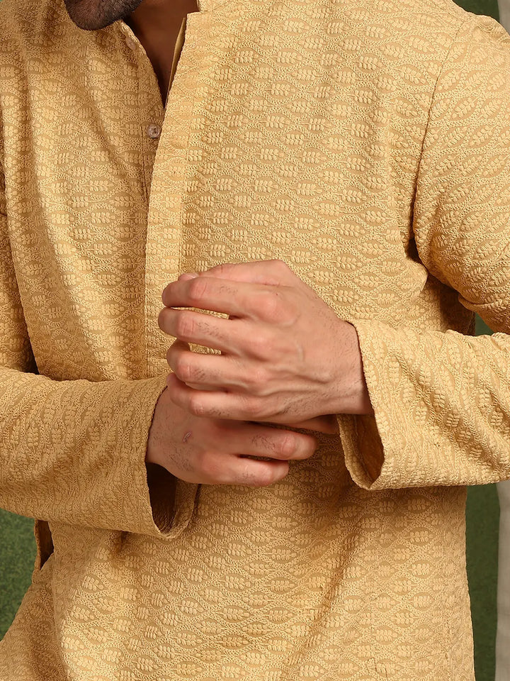 Men Mustard Embroidered work Cotton Straight Kurta