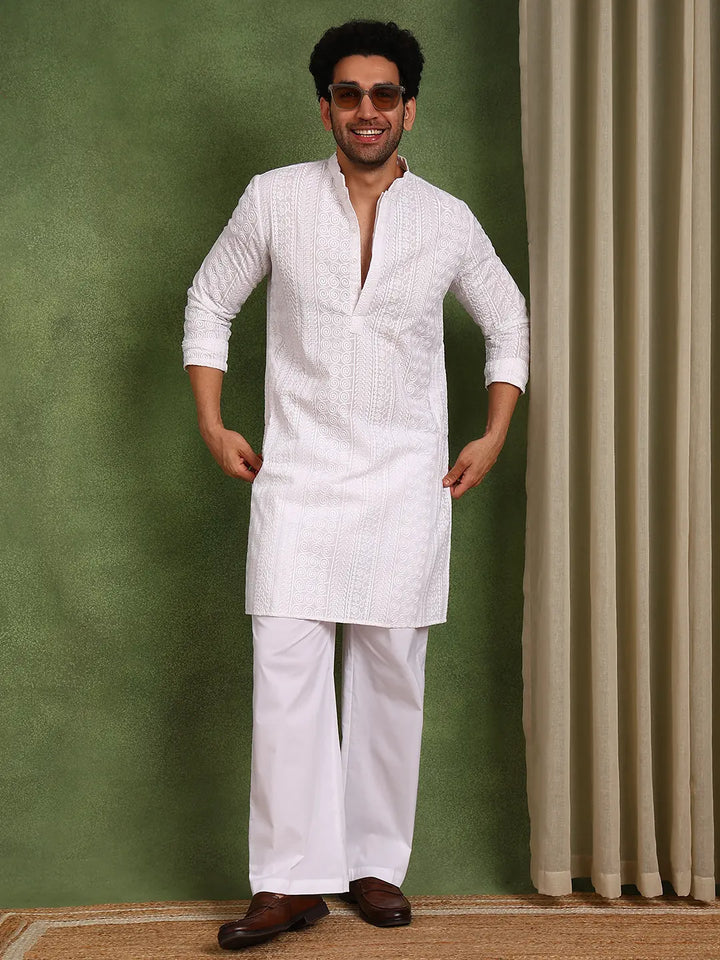 White Embroidered Chikankari Cotton Straight Kurta
