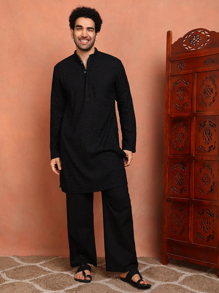 Men Black Embroidered Work Cotton Straight Kurta