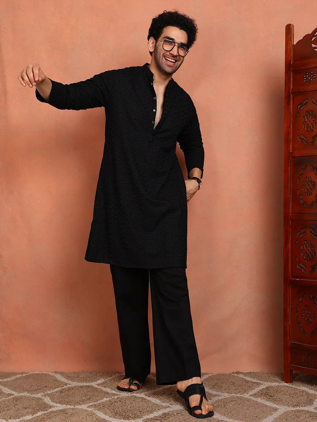 Men Black Embroidered Work Cotton Straight Kurta
