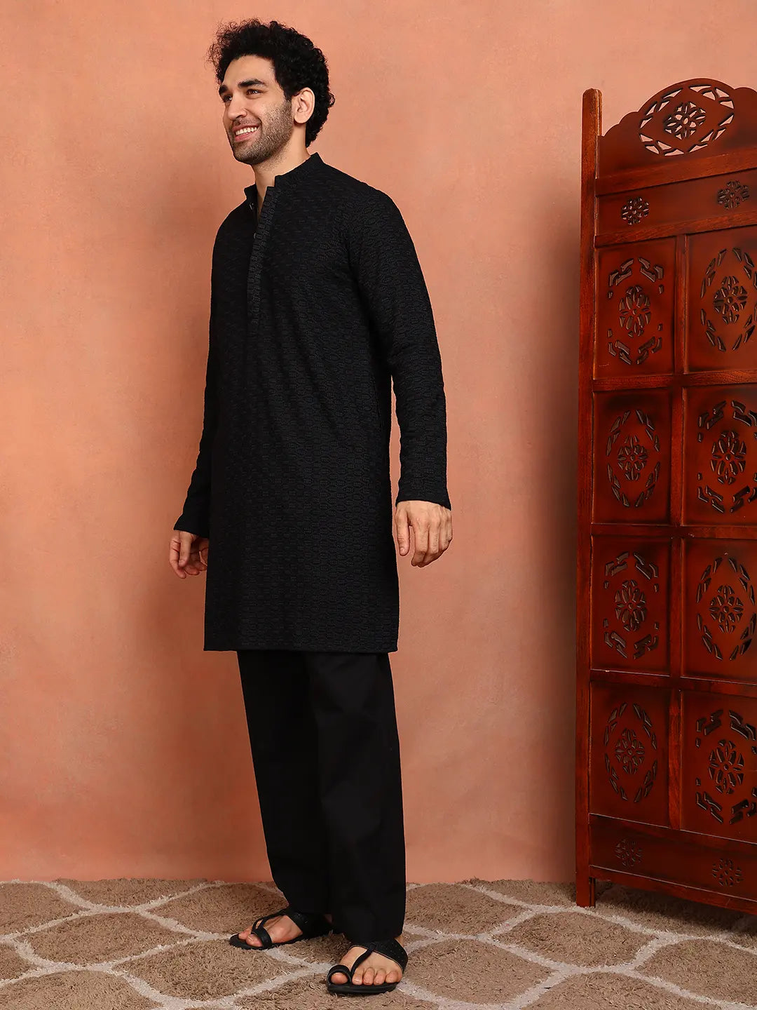Men Black Embroidered Work Cotton Straight Kurta