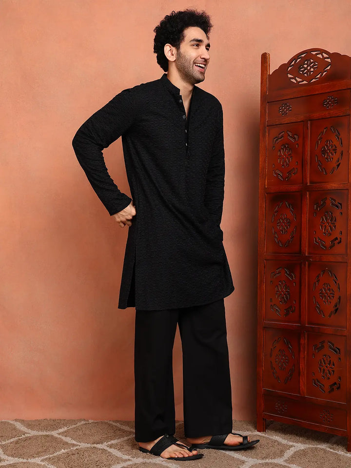 Men Black Embroidered Work Cotton Straight Kurta