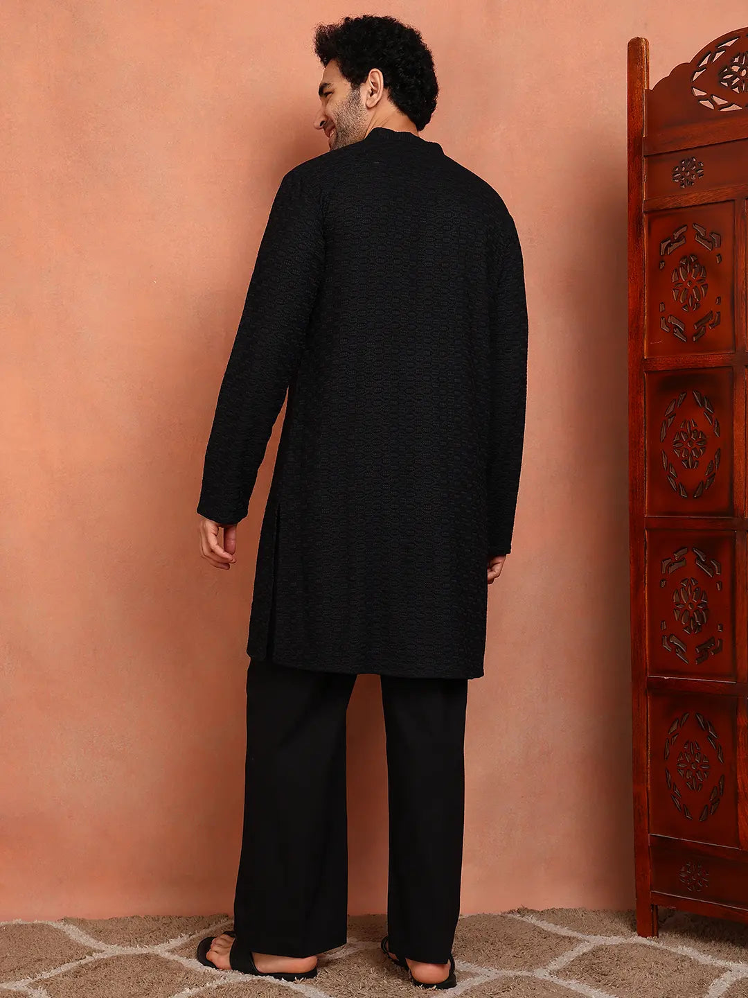 Men Black Embroidered Work Cotton Straight Kurta