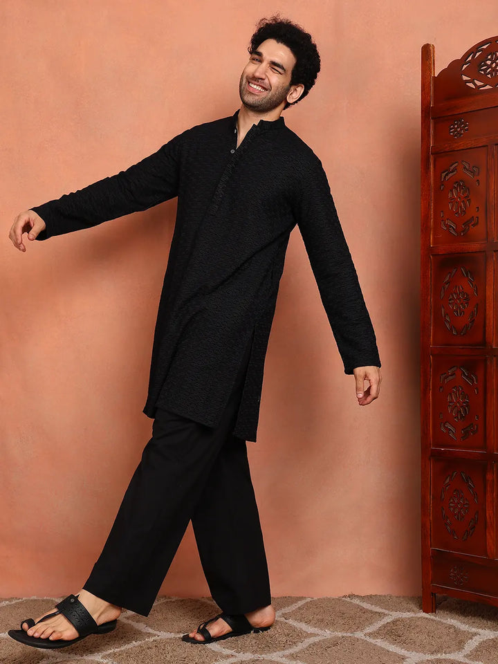 Men Black Embroidered Work Cotton Straight Kurta