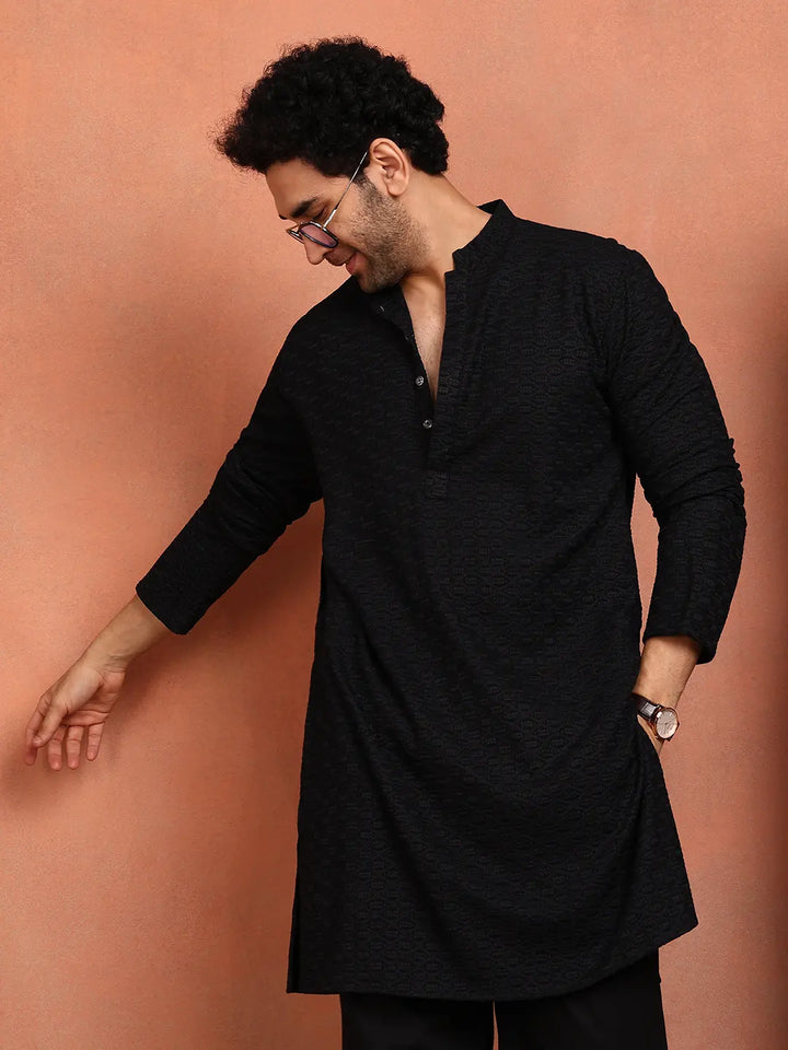 Men Black Embroidered Work Cotton Straight Kurta