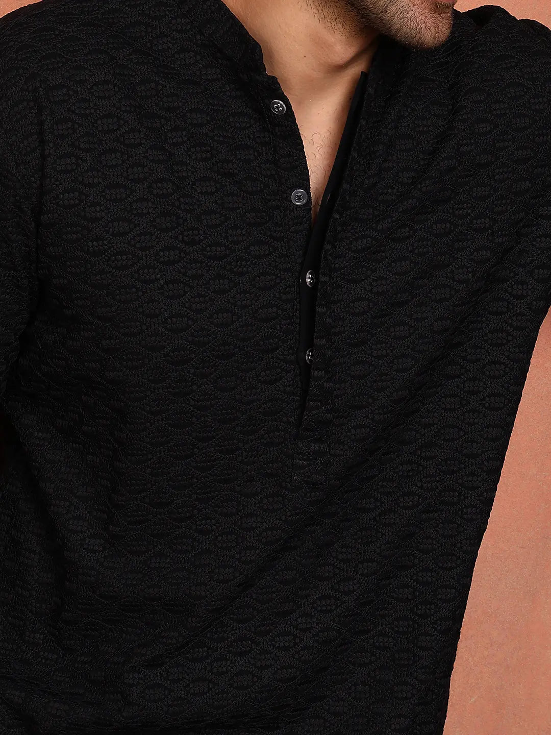 Men Black Embroidered Work Cotton Straight Kurta