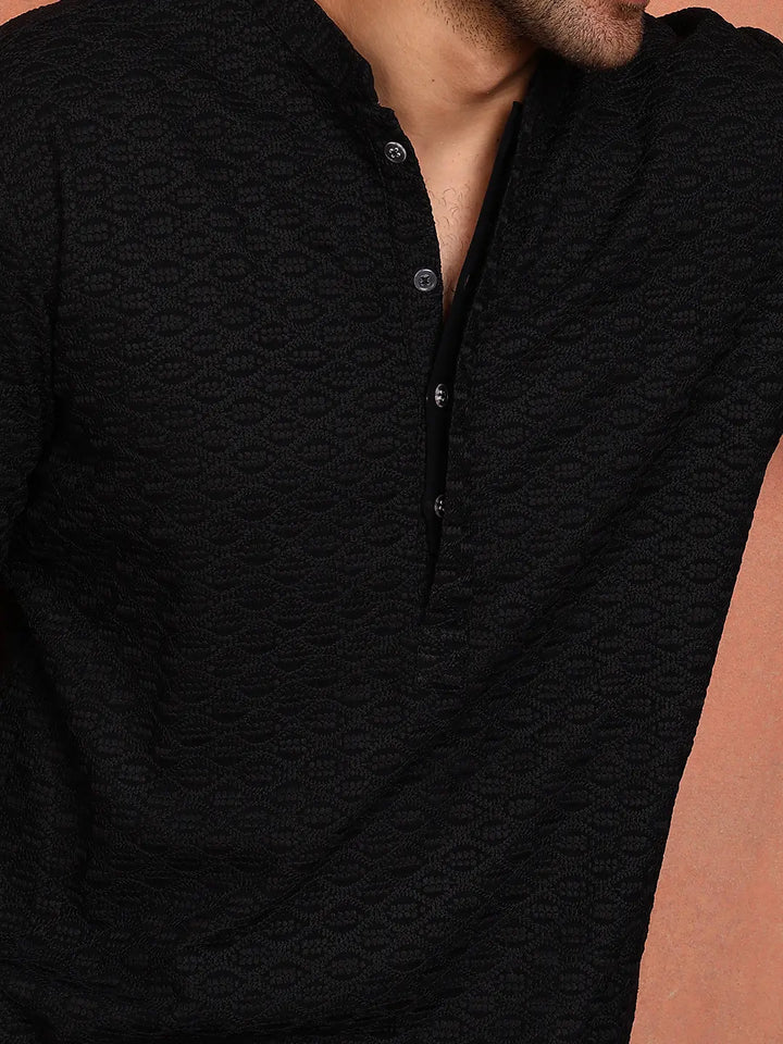 Men Black Embroidered Work Cotton Straight Kurta