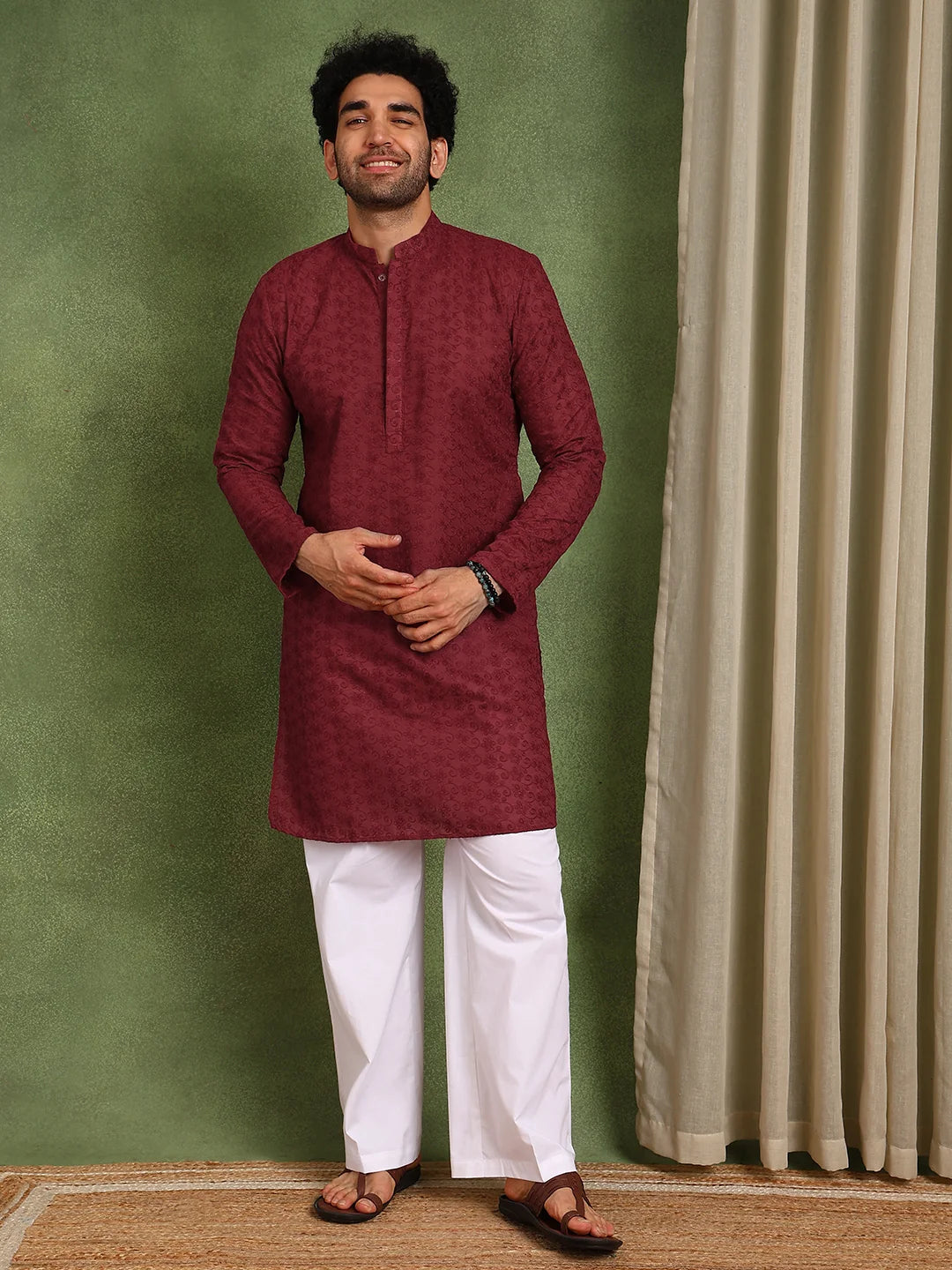 Men Maroon Embroidered Cotton Straight Kurta