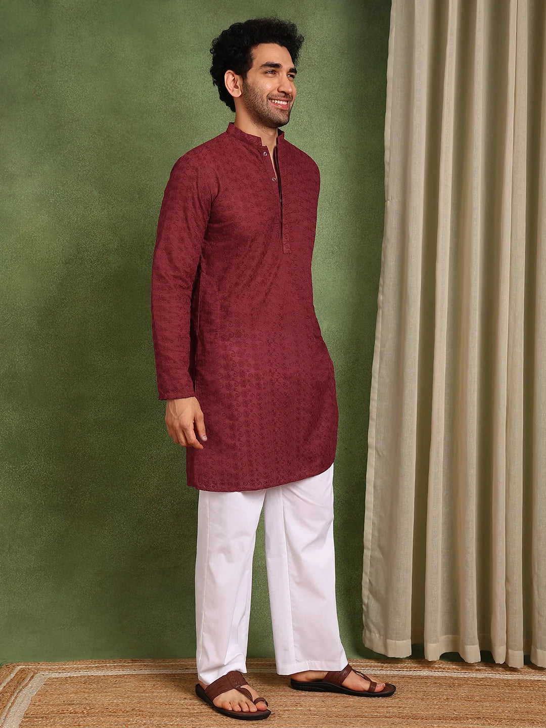 Men Maroon Embroidered Cotton Straight Kurta