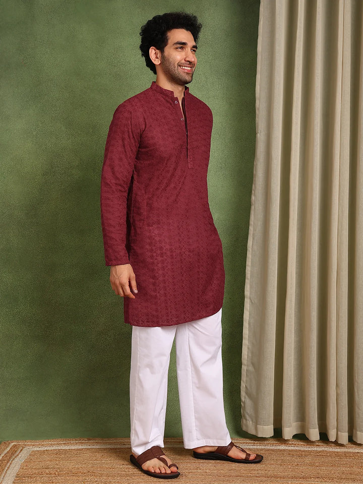 Men Maroon Embroidered Cotton Straight Kurta