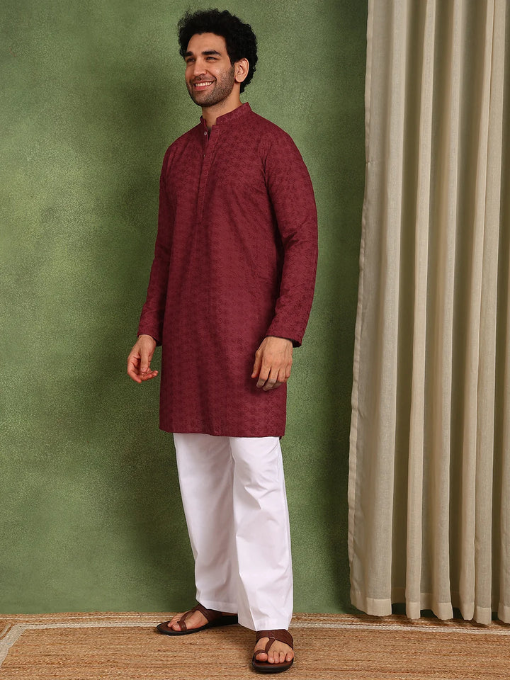 Men Maroon Embroidered Cotton Straight Kurta