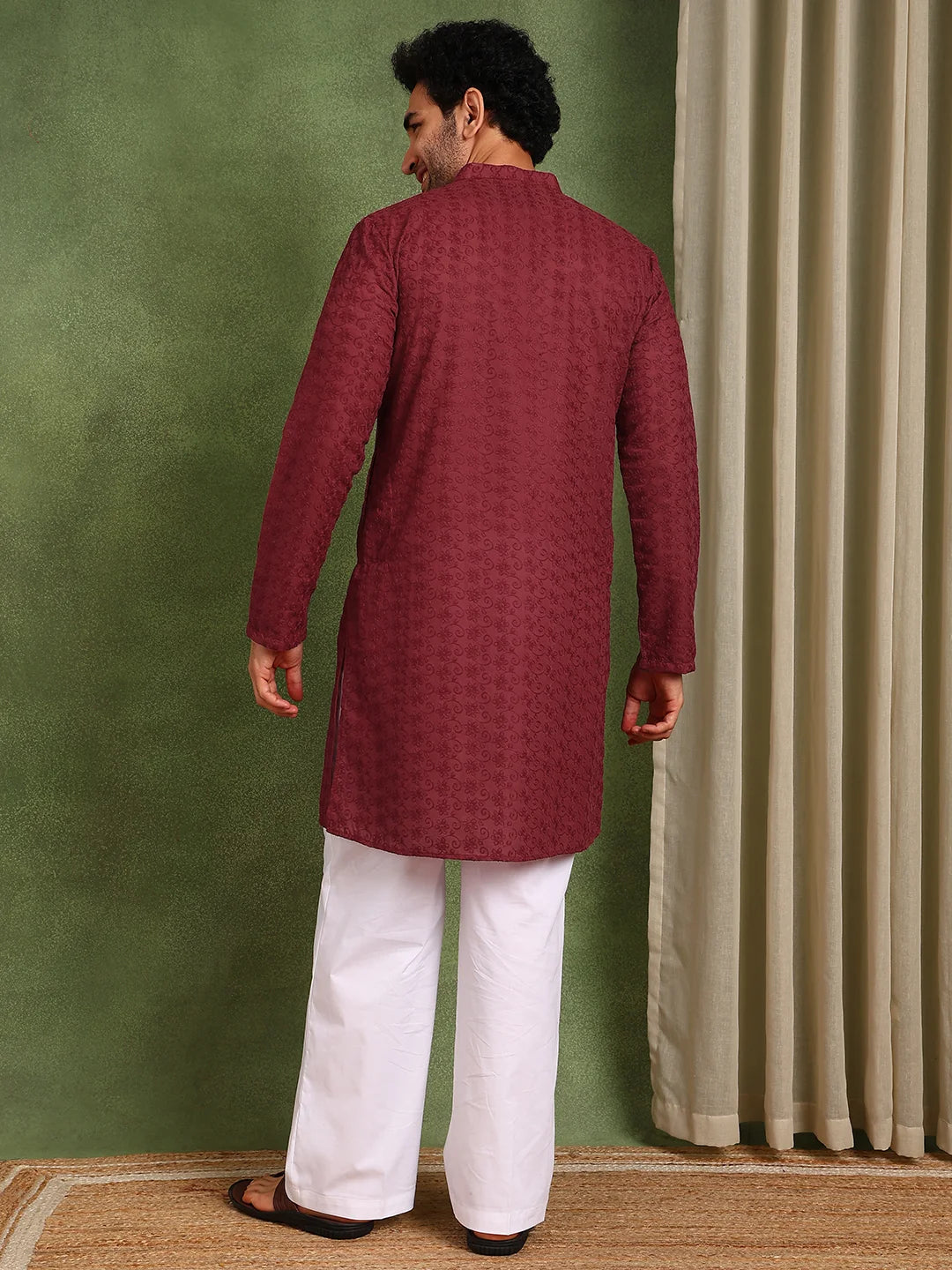 Men Maroon Embroidered Cotton Straight Kurta