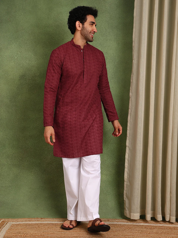 Men Maroon Embroidered Cotton Straight Kurta