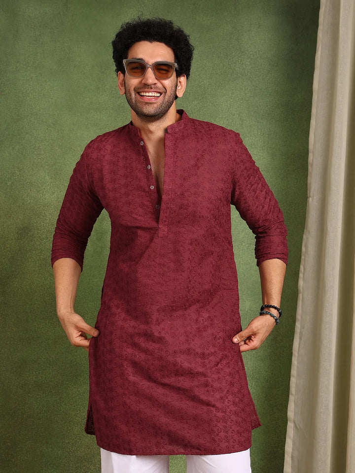 Men Maroon Embroidered Cotton Straight Kurta