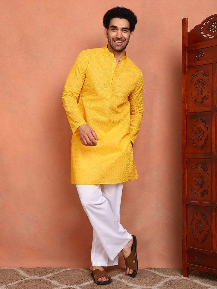 Men Yellow Embroidered Cotton Straight Kurta With Pyjama