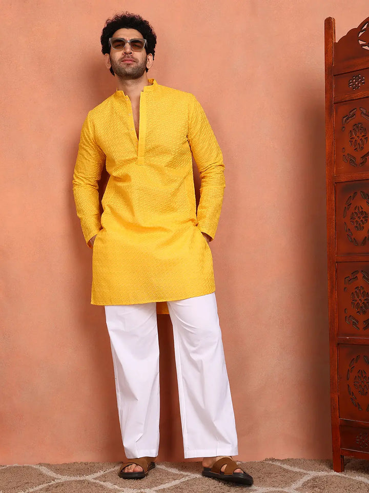 Men Yellow Embroidered Cotton Straight Kurta With Pyjama