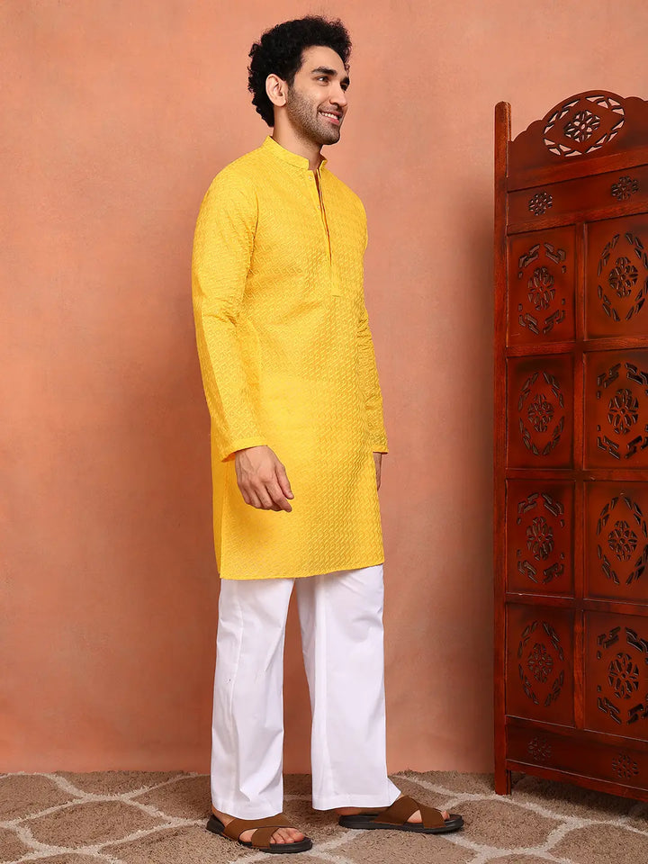 Men Yellow Embroidered Cotton Straight Kurta With Pyjama