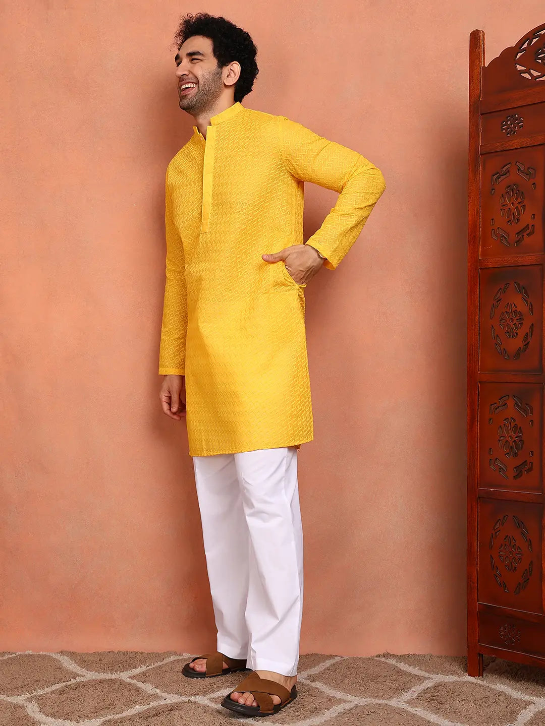 Men Yellow Embroidered Cotton Straight Kurta With Pyjama