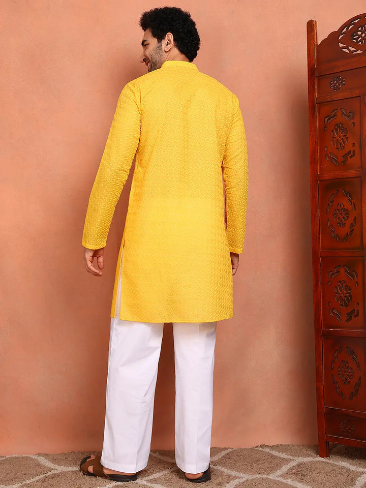 Men Yellow Embroidered Cotton Straight Kurta With Pyjama