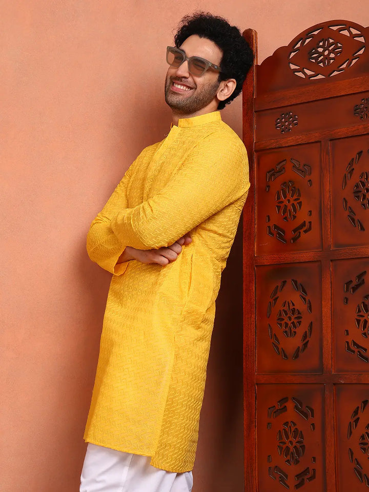 Men Yellow Embroidered Cotton Straight Kurta With Pyjama