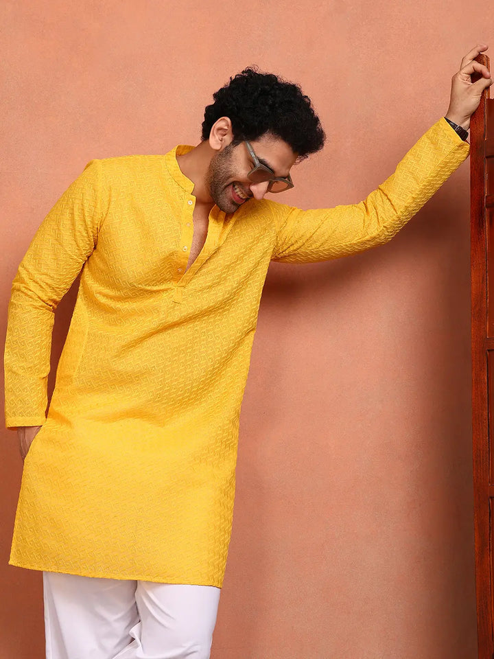 Men Yellow Embroidered Cotton Straight Kurta With Pyjama