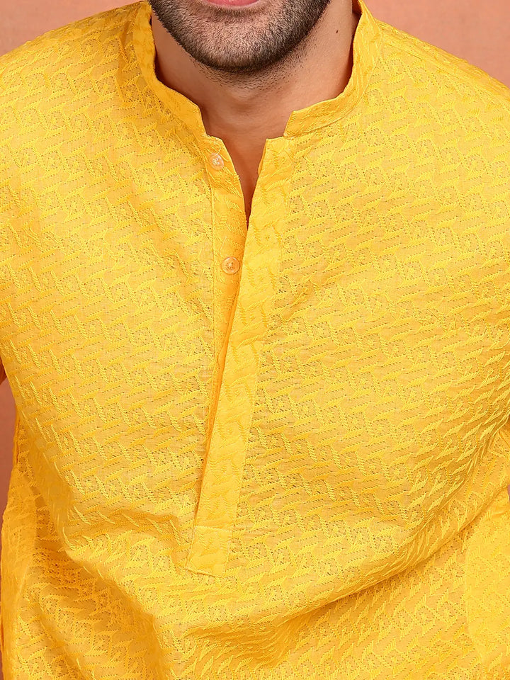 Men Yellow Embroidered Cotton Straight Kurta With Pyjama