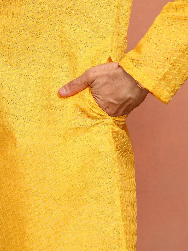 Men Yellow Embroidered Cotton Straight Kurta With Pyjama
