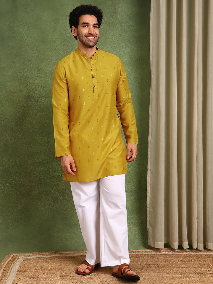 Men Mustard Cotton Silk Straight Kurta With Pyjama