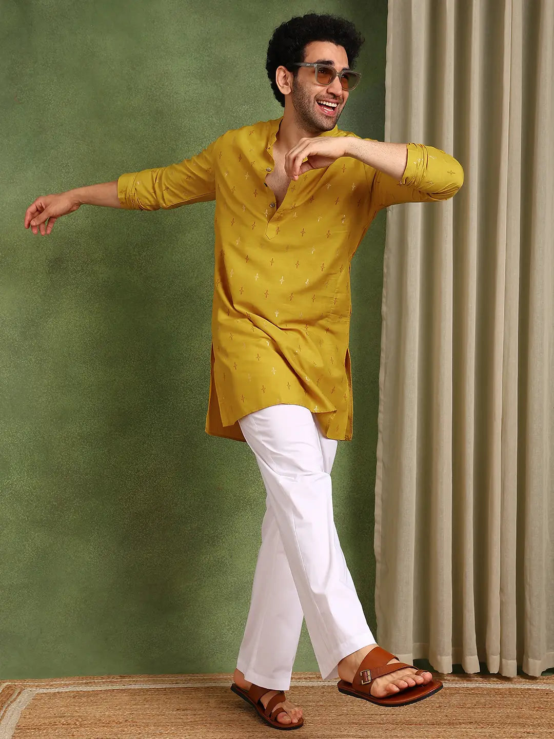 Men Mustard Cotton Silk Straight Kurta With Pyjama