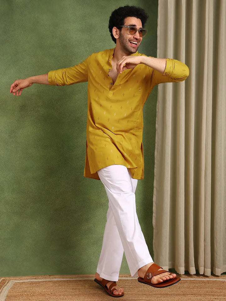 Men Mustard Cotton Silk Straight Kurta With Pyjama