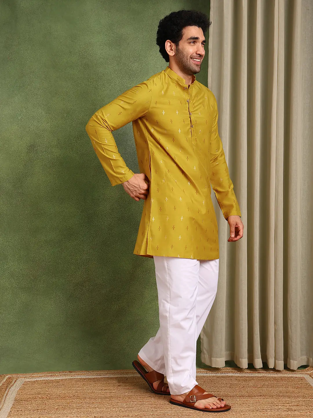 Men Mustard Cotton Silk Straight Kurta With Pyjama