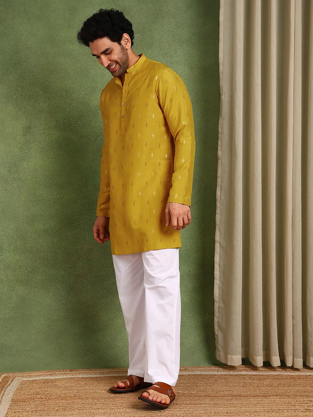 Men Mustard Cotton Silk Straight Kurta With Pyjama