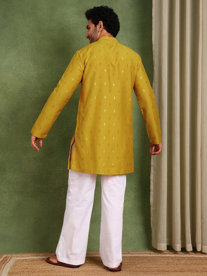 Men Mustard Cotton Silk Straight Kurta With Pyjama