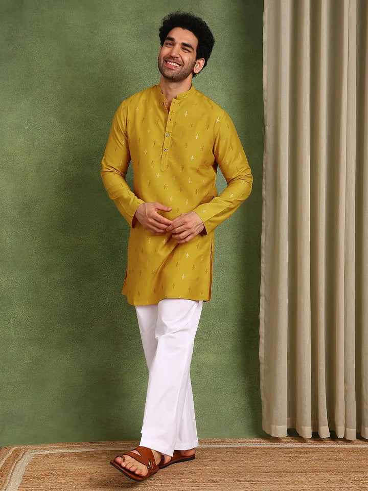 Men Mustard Cotton Silk Straight Kurta With Pyjama