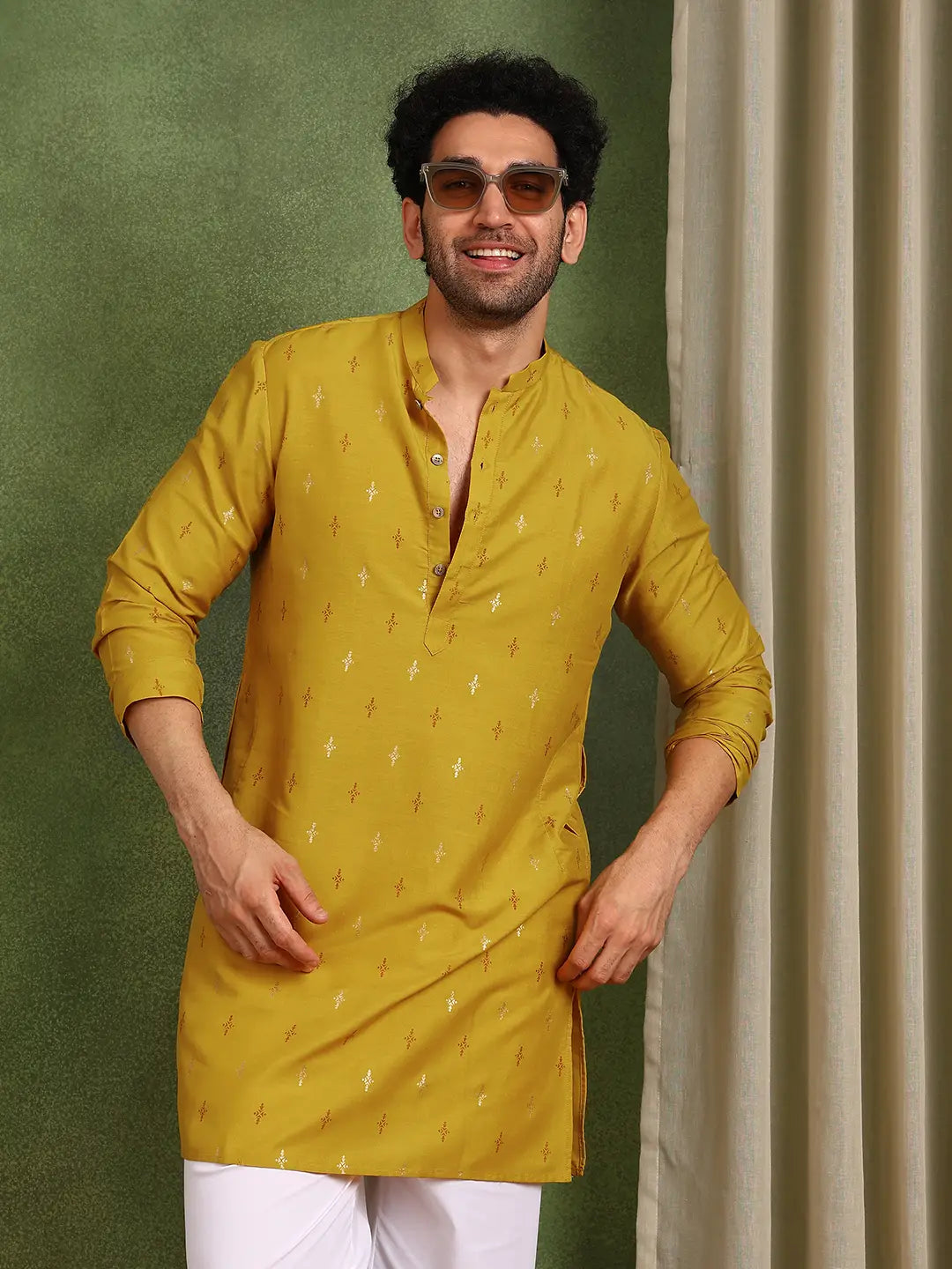 Men Mustard Cotton Silk Straight Kurta With Pyjama