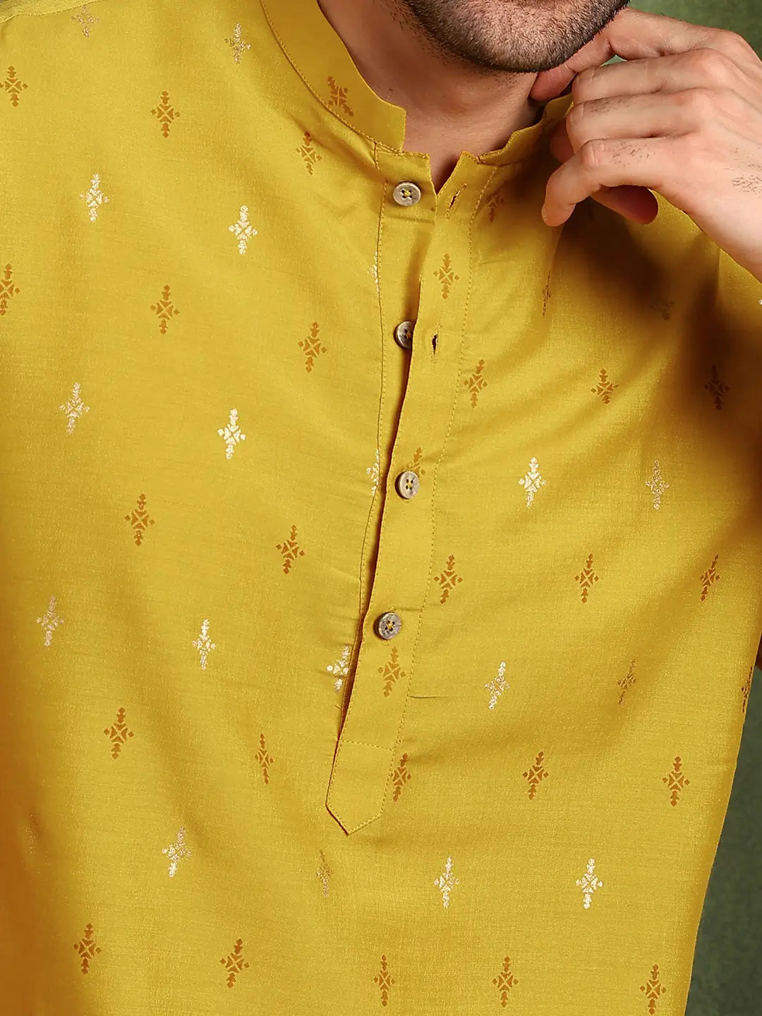 Men Mustard Cotton Silk Straight Kurta With Pyjama