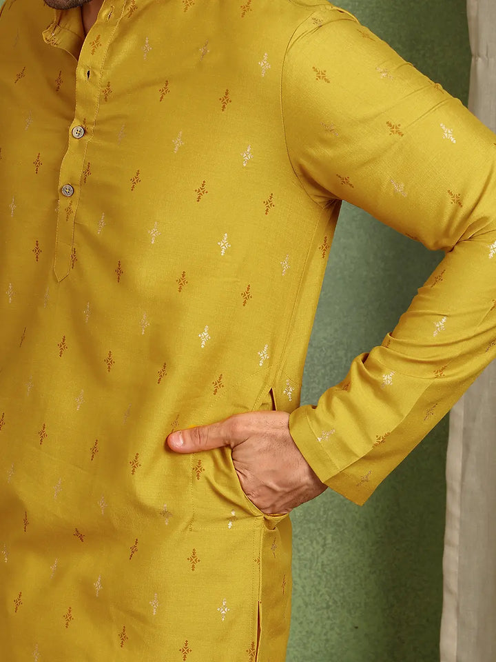 Men Mustard Cotton Silk Straight Kurta With Pyjama