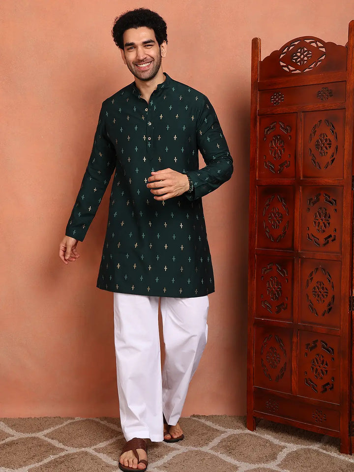 Men Teal Cotton Silk Straight Kurta With Pyjama