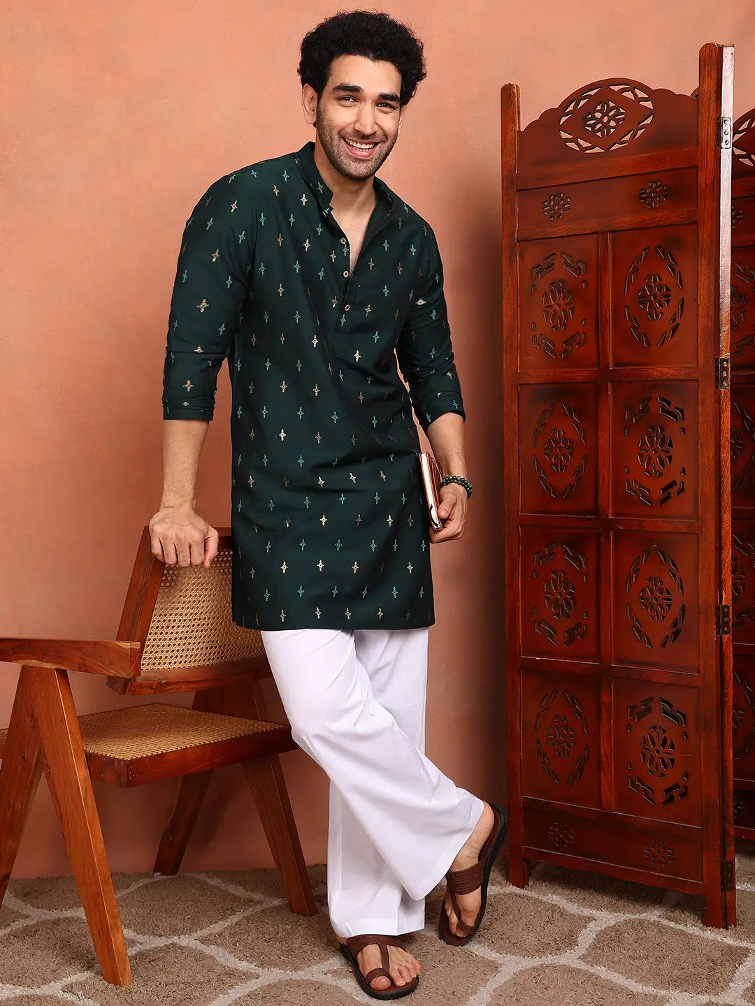 Men Teal Cotton Silk Straight Kurta With Pyjama