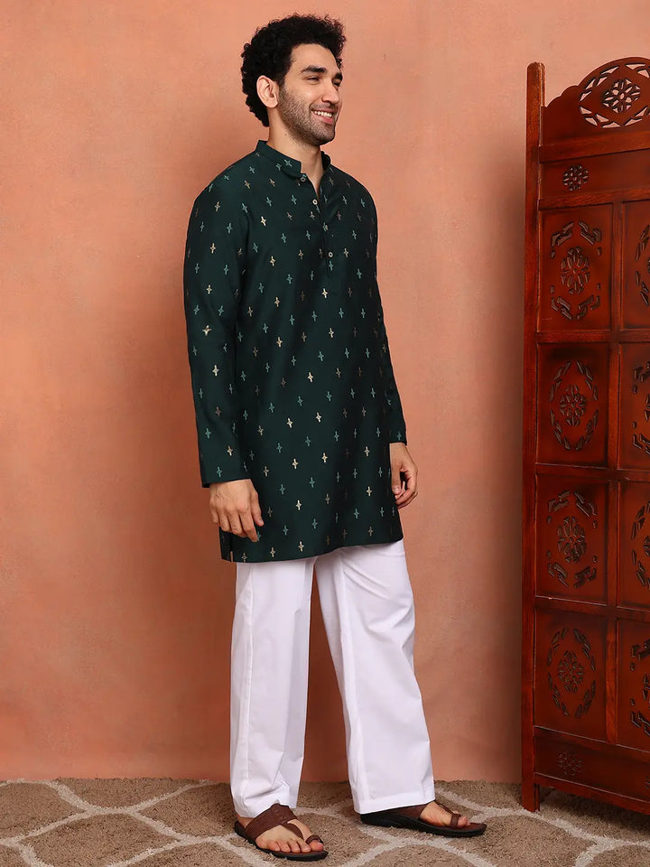 Men Teal Cotton Silk Straight Kurta With Pyjama