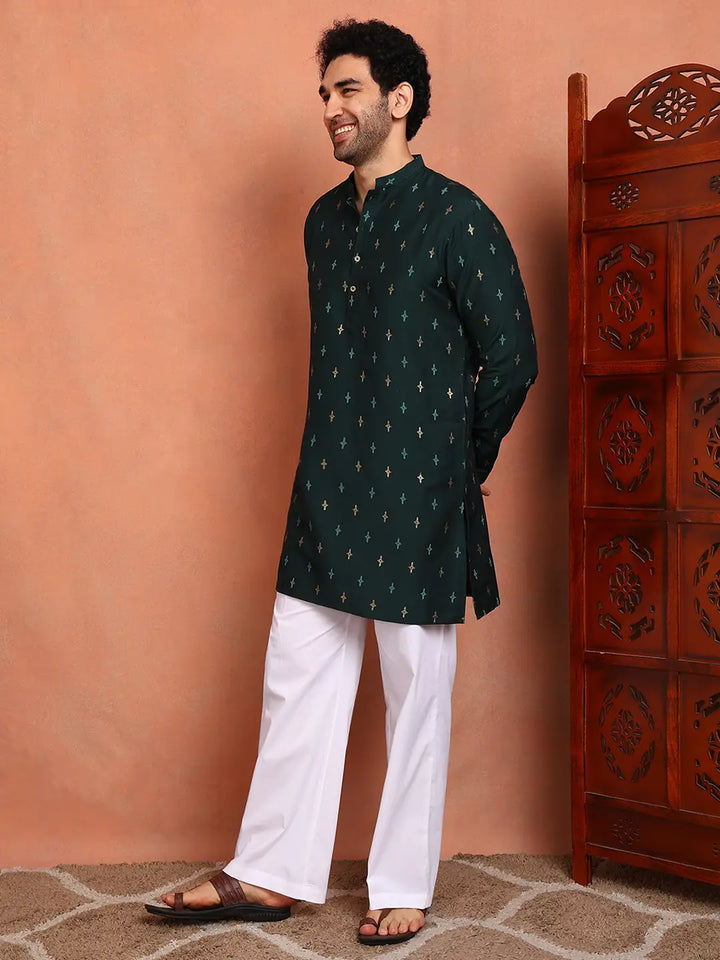 Men Teal Cotton Silk Straight Kurta With Pyjama