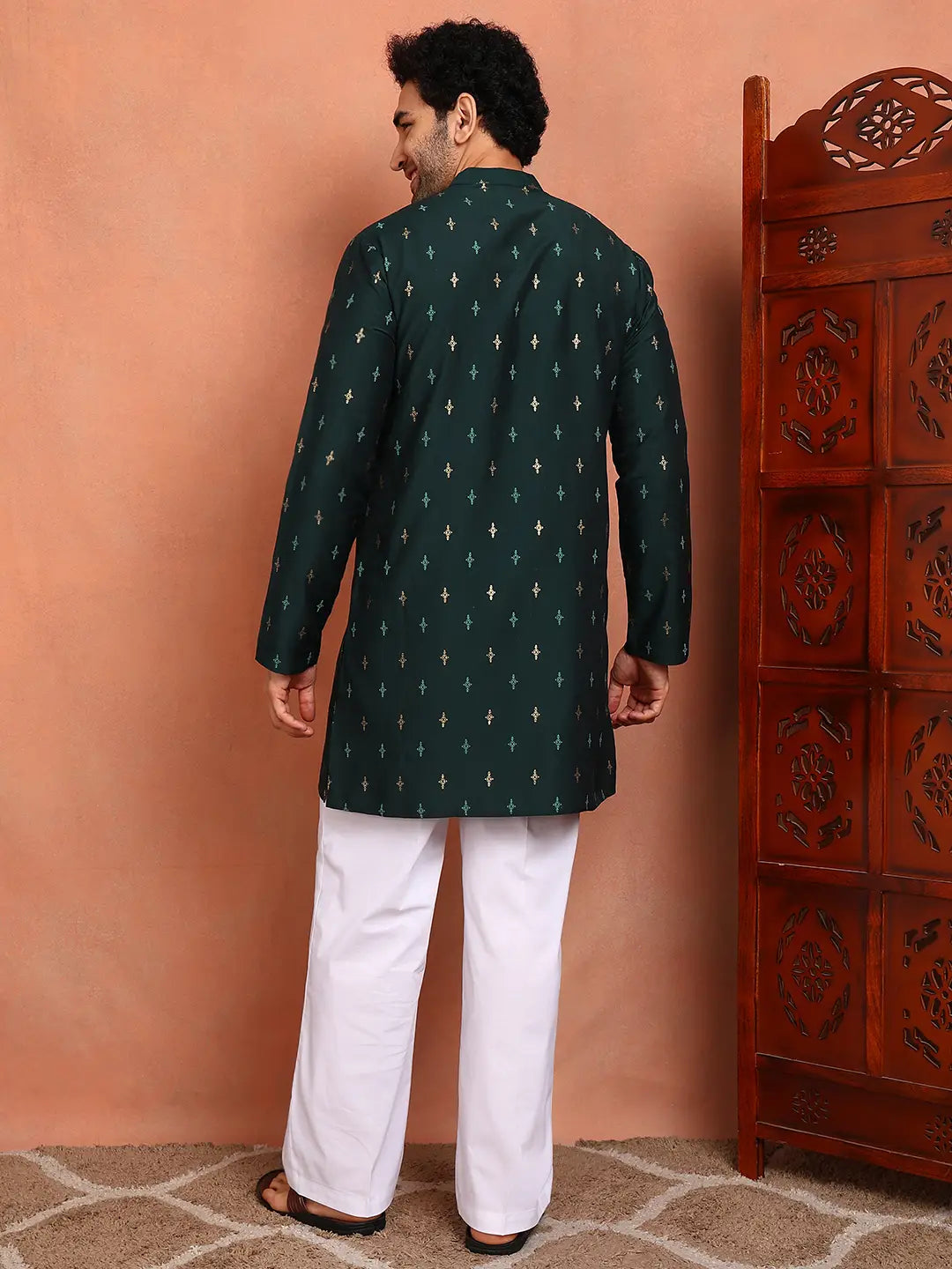 Men Teal Cotton Silk Straight Kurta With Pyjama