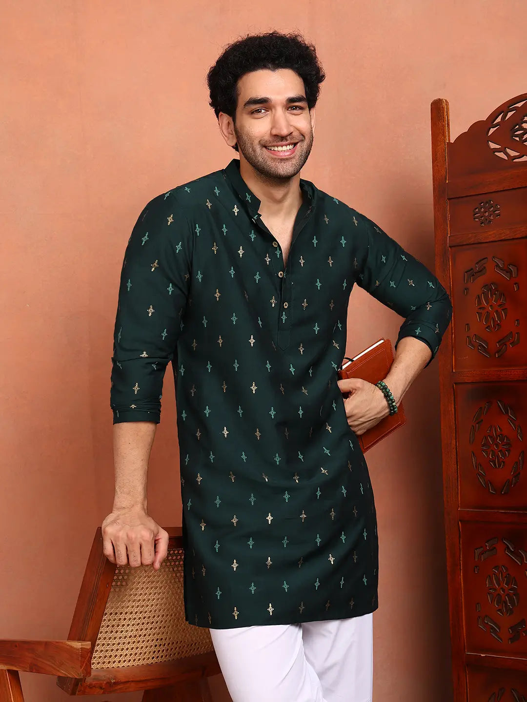 Men Teal Cotton Silk Straight Kurta With Pyjama
