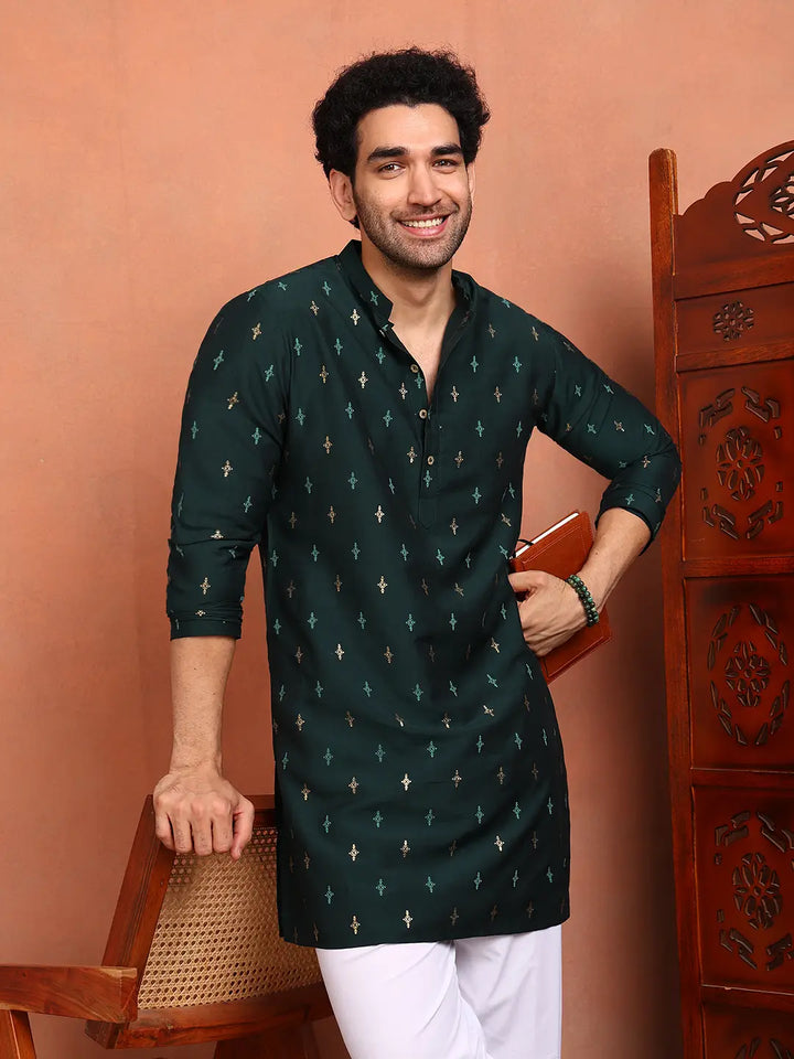 Men Teal Cotton Silk Straight Kurta With Pyjama