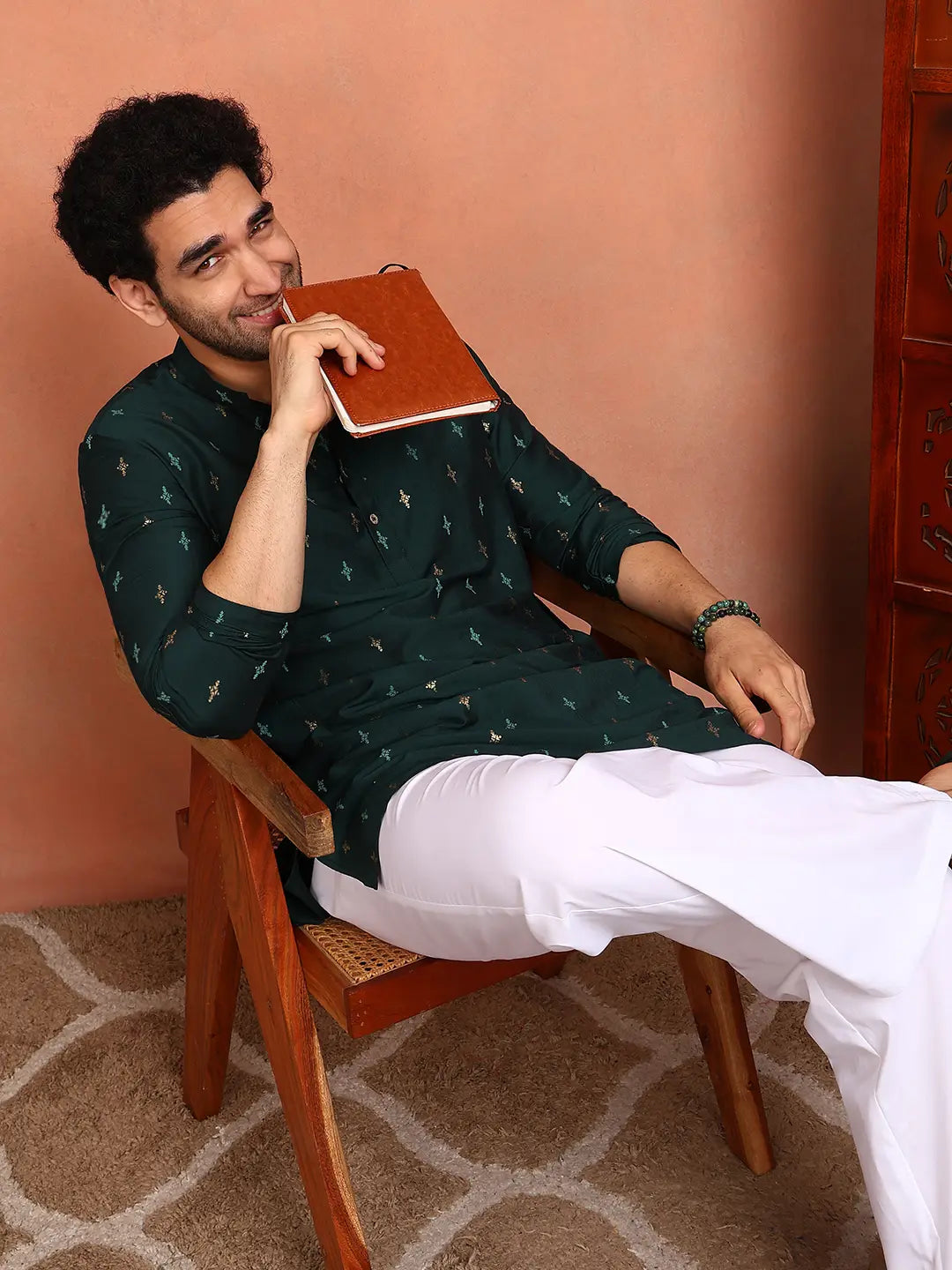 Men Teal Cotton Silk Straight Kurta With Pyjama