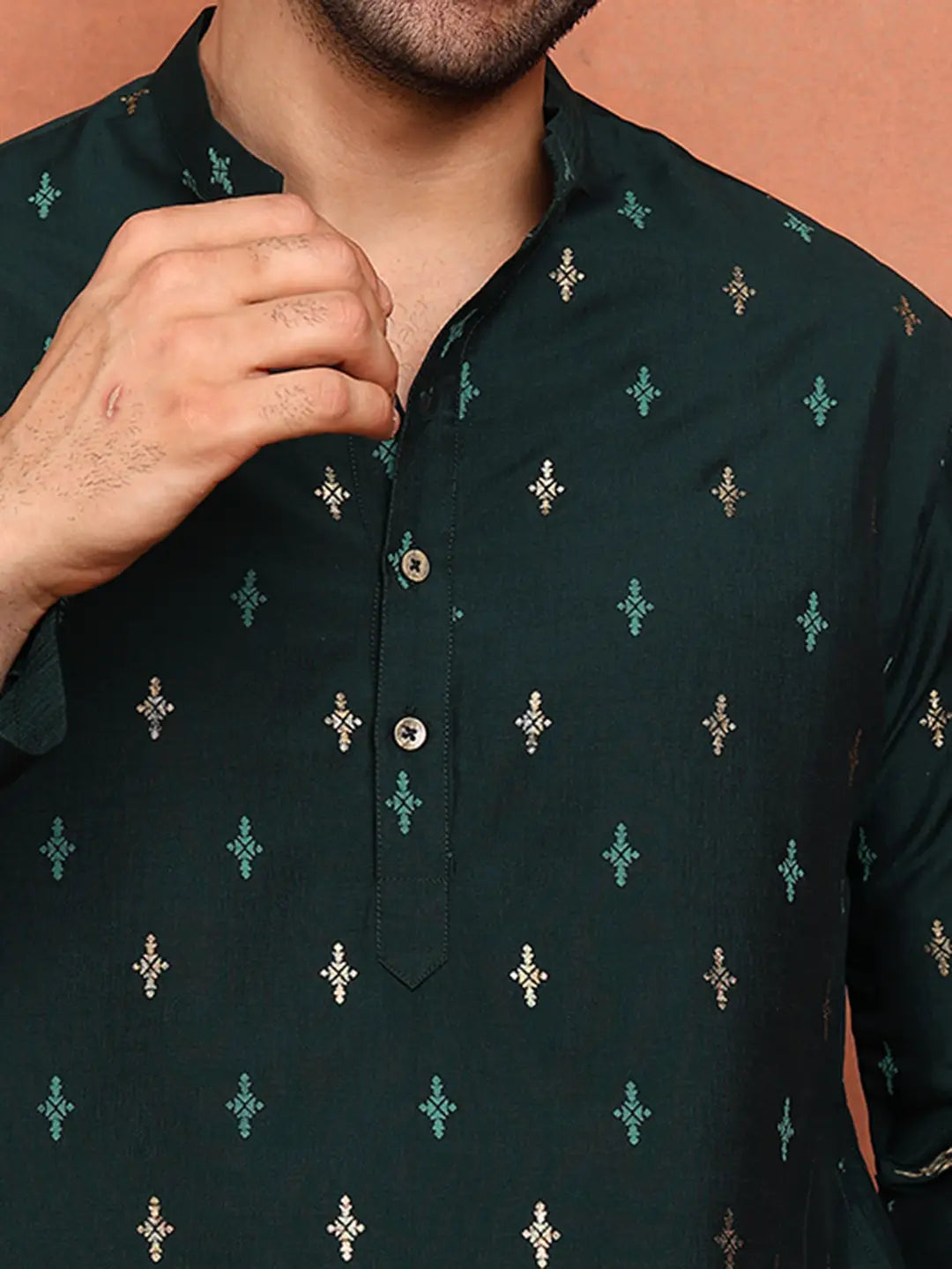 Men Teal Cotton Silk Straight Kurta With Pyjama