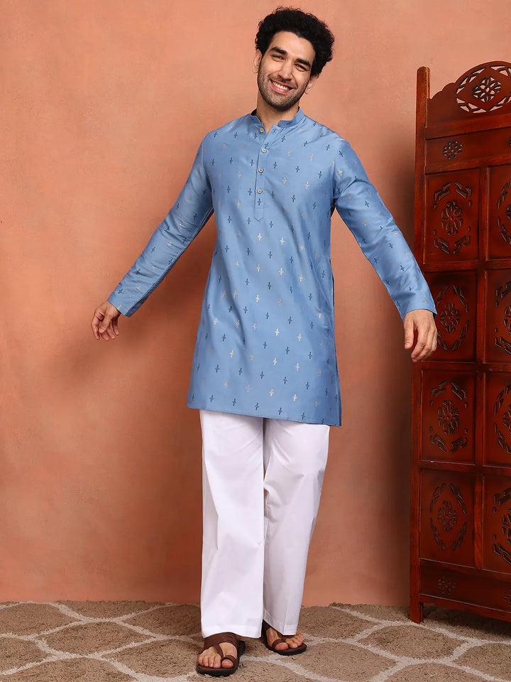 Men Blue Cotton Silk Straight Kurta