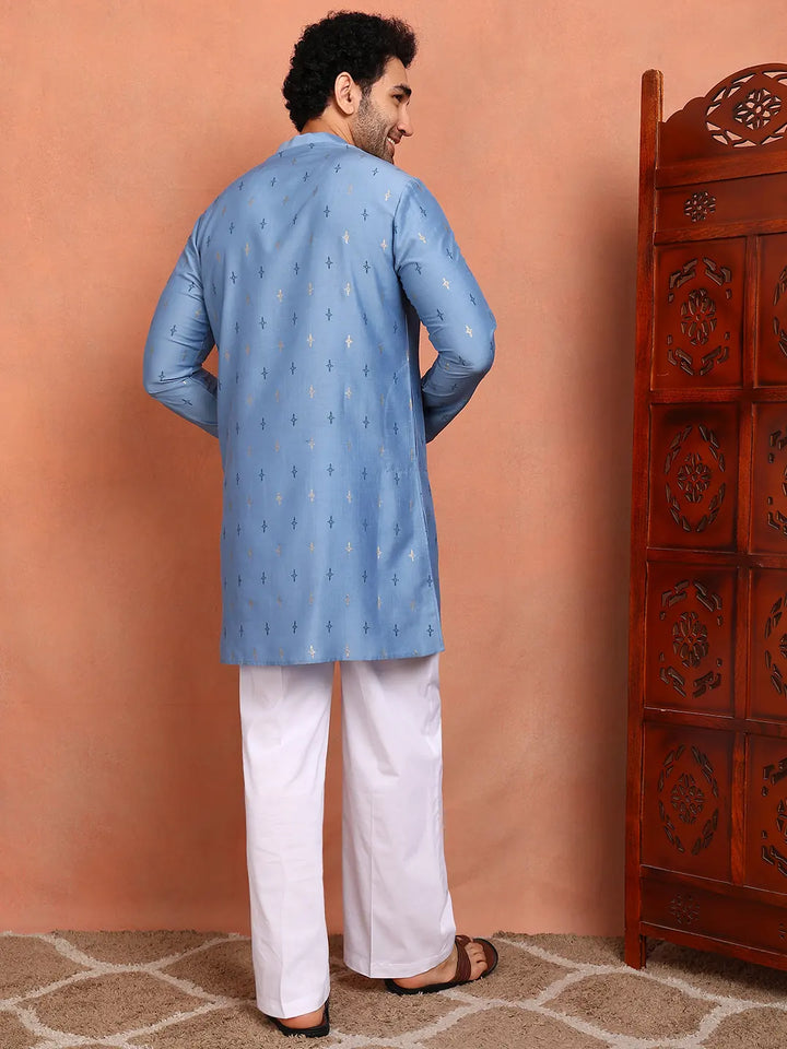 Men Blue Cotton Silk Straight Kurta
