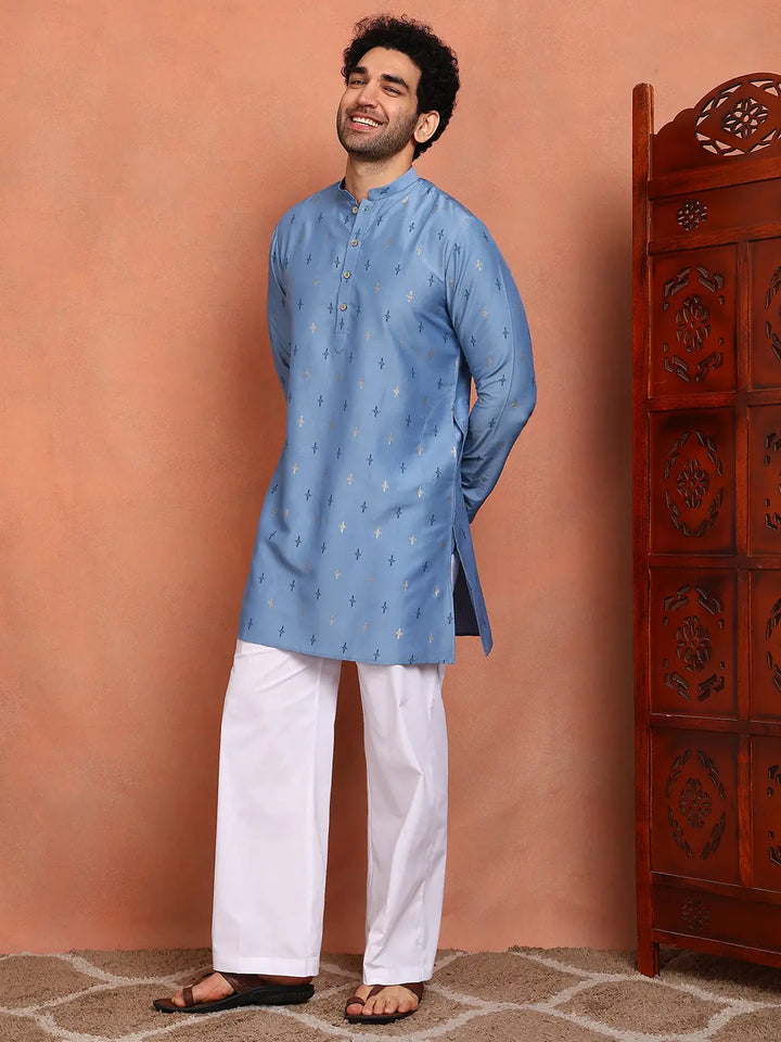 Men Blue Cotton Silk Straight Kurta