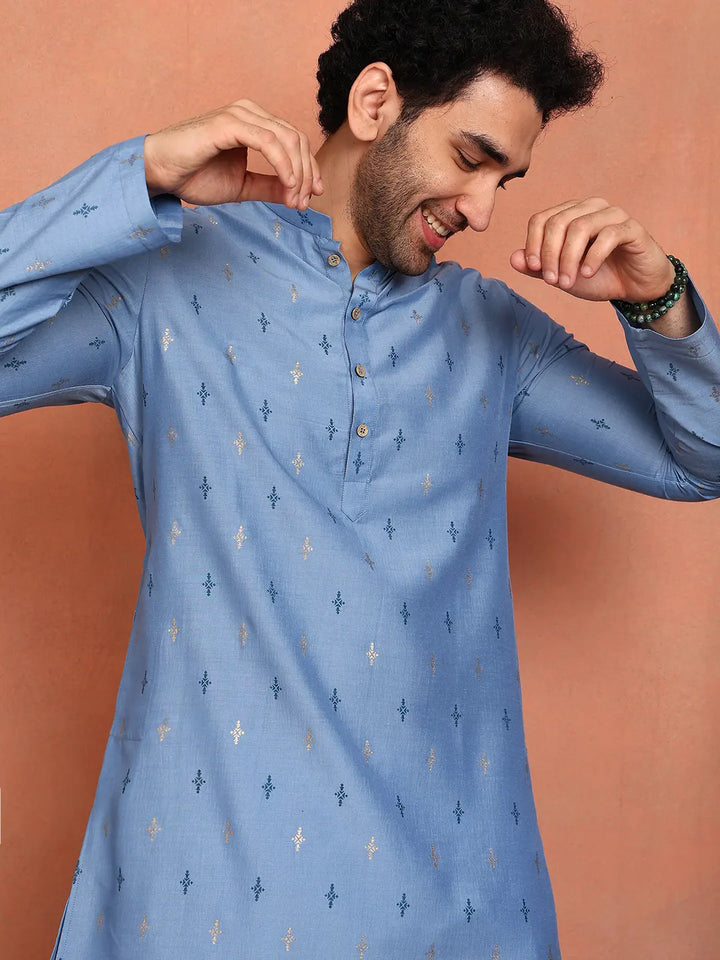 Men Blue Cotton Silk Straight Kurta